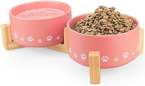  Ptlom Ceramic Pet Bowl For Dogs And Cats, Raised Dog Food And Water Bowl Set With Anti-Slip Wooden Stand, Weighted Pets Dish Feeding Bowls Suitable For Small, Medium, And Large Cat Dog, Beige, 28 Oz