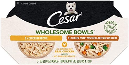  CESAR WHOLESOME BOWLS Adult Soft Wet Dog Food Toppers Variety Pack, Chicken, Carrots, Barley & Green Beans Recipe And Beef, Chicken, Purple Potatoes & Carrots Recipe, (6) 3 Oz. Bowls