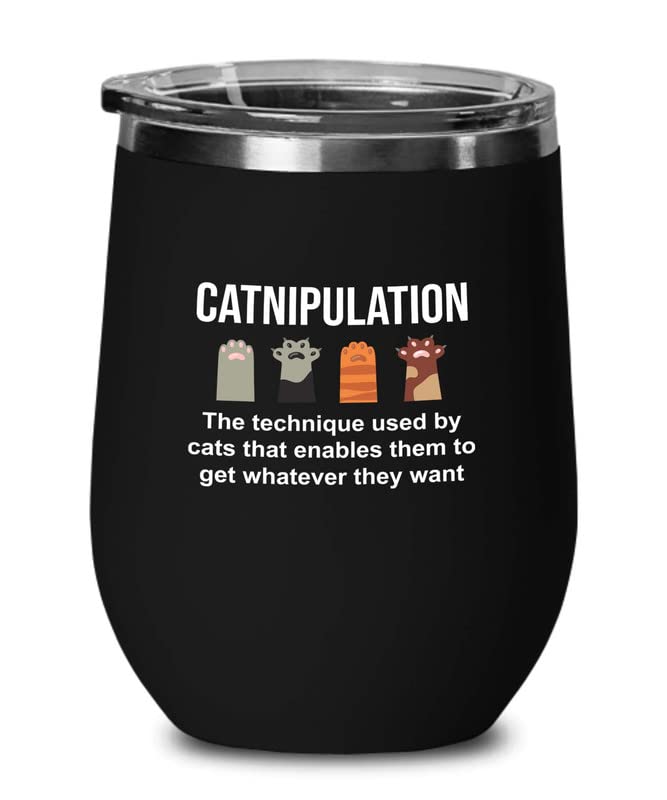  Flairy Land Cat Lady Black Wine Tumbler 12oz - Catnipulation Defiition -Cat Funny Gifts Cat Mom Cat Grandma Pet Paw Kitten Whiskers Cat Lovers Feline Cat Person Cat Rescuer