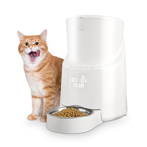  LZHPET Automatic Cat Feeders, 5L Timed Dry Food Dispenser, Up To 7 Meals Per Day, Unclogging Design, Desiccant Bag、Stainless Steel Bowl Included, 20-Second Voice Recording, For Cats/Small Dogs, White