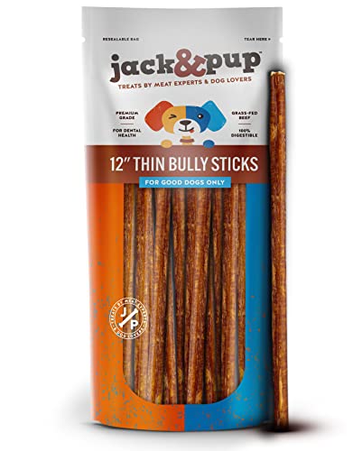  Jack&Pup Thin Dog Bully Sticks Odor Free, Bully Sticks For Dogs, Healthy Dog Treats Bully Sticks For Small Dogs, Beef Dog Chews, Pizzle Chew Sticks For Dogs (12-Inch Thin Bully Stick, 12 Pack)