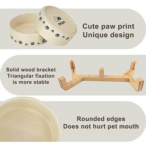  Ptlom Ceramic Pet Bowl For Dogs And Cats, Raised Dog Food And Water Bowl Set With Anti-Slip Wooden Stand, Weighted Pets Dish Feeding Bowls Suitable For Small, Medium, And Large Cat Dog, Beige, 28 Oz