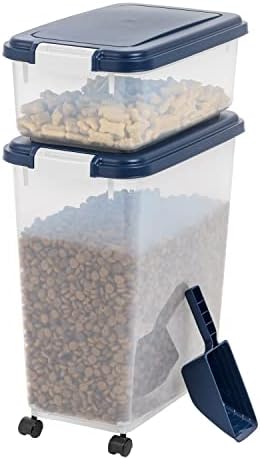  IRIS USA 50Lbs./69Qt. WeatherPro Airtight Pet Food Storage Container With Attachable Casters, For Dog Cat Bird And Other Pet Food Storage Bin, Keep Fresh, Translucent Body, Easy Mobility, Navy
