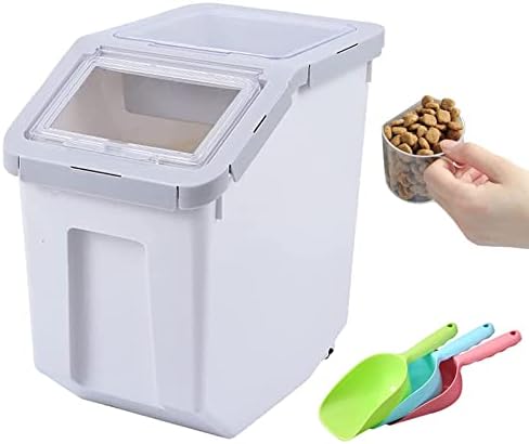  YXQ Dog Food Storage Container Airtight Box Grey,10kg Bulk Dry Food Grain Storage Barrels Sealed Bucket,Pets Food Bin With Seal Locking Lid, Wheels,Measuring Cup,1pcs Scoops(Random Color)…