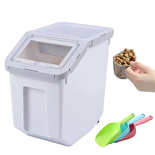 YXQ Dog Food Storage Container Airtight Box Grey,10kg Bulk Dry Food Grain Storage Barrels Sealed Bucket,Pets Food Bin With Seal Locking Lid, Wheels,Measuring Cup,1pcs Scoops(Random Color)…