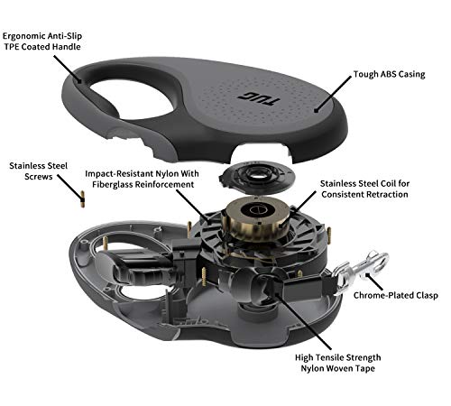  TUG 360° Tangle-Free Retractable Dog Leash With Anti-Slip Handle | 16 Ft Strong Nylon Tape| One-Handed Brake, Pause, Lock (Medium, Grey)