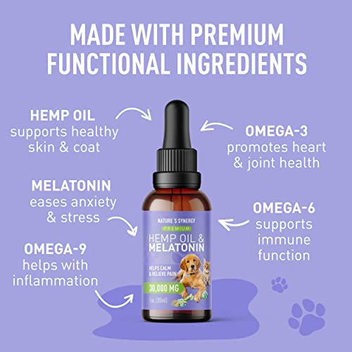  Nature's Synergy Melatonin And Hemp Oil For Dogs, Cats & Pets, Calming Sleep Support, Omega Fatty Acids For Hip And Joint Support, Skin And Coat Health, Stress From Travel, Separation, 2 Pack, 1 Oz