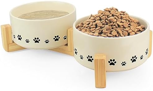  Ptlom Ceramic Pet Bowl For Dogs And Cats, Raised Dog Food And Water Bowl Set With Anti-Slip Wooden Stand, Weighted Pets Dish Feeding Bowls Suitable For Small, Medium, And Large Cat Dog, Beige, 28 Oz