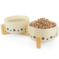  Ptlom Ceramic Pet Bowl For Dogs And Cats, Raised Dog Food And Water Bowl Set With Anti-Slip Wooden Stand, Weighted Pets Dish Feeding Bowls Suitable For Small, Medium, And Large Cat Dog, Beige, 28 Oz