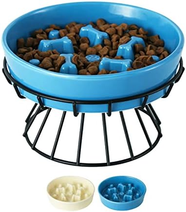  8.25'' Ceramic Slow Dog Bowl With Elevated Metal Stand, 1.75 Cups Non-Slip Puzzle Raised Dog Bowl Feeder, Slow Down Eating Anti-Choking Food Bowl Dish For Small And Medium & Large Dogs - Beige Color