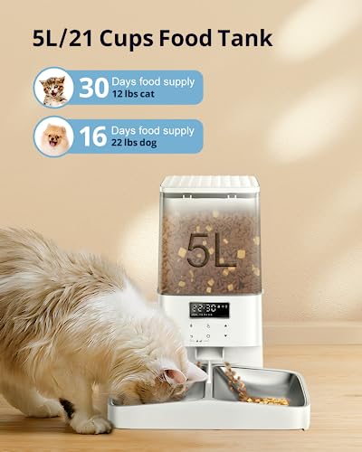  COKBER Automatic Cat Feeders For Two Cats,5L Timed Automatic Pet Feeder With Anti-Stuck Design And Double Bowls, Dry Food Dispenser With Panel Control For 1-2 Cats And Small Dogs,Dual Power Supply