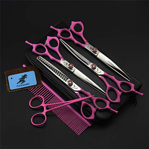 Pet Grooming Scissors Upscale Cat Dog 4 Pcs Set Pink Paint Handle Professional Trimmer Kit Premium 7.0 Inch 6CR Steel Beauticians Straight Cutting & Thinning & Curved Shears Combs