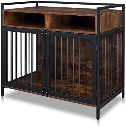  Karl Home Wooden Medium/Small Furniture Style Dog Crates With Storage And Anti-chew Features, Decorative Modern Double Doors Dog Kennel Indoor Use For Living Room, 38.6" L×23.6" W×31.5" H