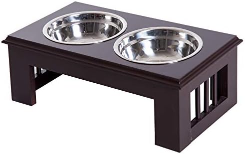  PawHut 17" Small Puppy Dog Feeding Station For Messy Pets, Stainless Steel Elevated Dog Bowls With Modern Wooden Frame, Dog Food Stand Pet Feeding Station, White