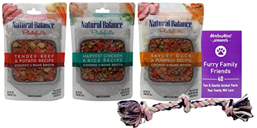 GENERIC Natural Balance Platefulls Wet Dog Food 3 Flavor Sampler - (1) Each: Tender Beef Potato, Harvest Chicken Rice, Savory Duck Pumpkin (9 Ounces) - Plus Rope Toy And Fun Facts Booklet Bundle