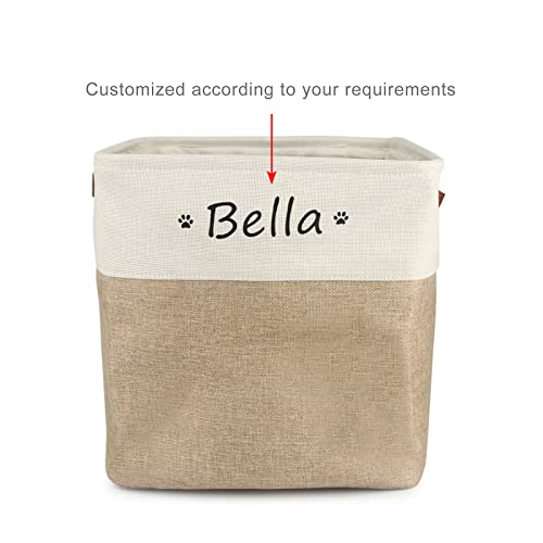  Personalized Dog Toy Box Square Basket With Leather Handles , Custom Name And Paw Pattern Puppy Toy Bin , Storage Baskets For Organizing Food Clothes And Pets Accessories(White Beige)