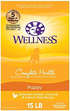  Wellness Complete Health Dry Puppy Food, Chicken, Salmon & Oatmeal, 15-Pound Bag