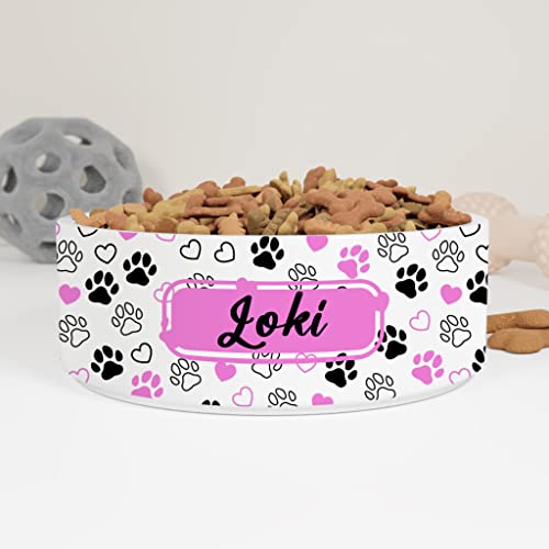 GENERIC Dog Paws And Pink Hearts Pattern Personalized Pet Bowl Cat Bowls, Cute Dog Bowl With Name, Custom Ceramic Dog Cat Pet Bowls Available In Two Sizes