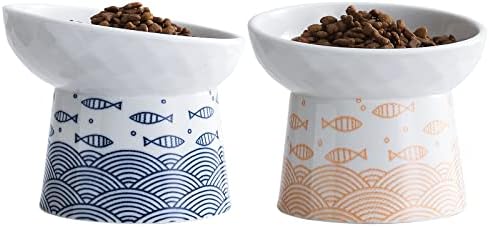  Tilted Ceramic Raised Cat Bowls, 8 OZ Food And Water Bowls Set For Kitty, 5 In Porcelain Elevated Stress Free Feeding Pet Dish, Dishwasher And Microwave Safe (White & Pink)