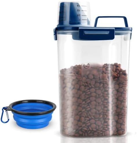  TIOVERY Upgraded Dog Food Storage Container Small, Cat Food Container Airtight, Pet Food Container Dispenser With Pour Spout, Measuring Cup And 4 Seal Buckles For Dogs, Cats, Birds (Blue)