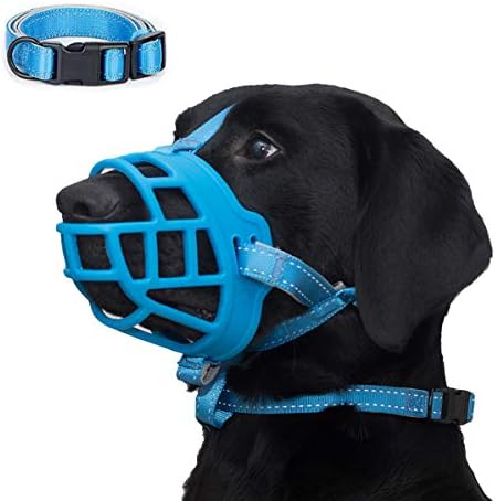  Dog Muzzle, Soft Silicone Basket Muzzle For Dogs, Allows Panting And Drinking, Prevents Unwanted Barking Biting And Chewing, Included Collar And Training Guide