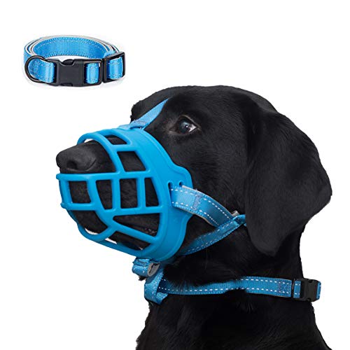  Dog Muzzle, Soft Silicone Basket Muzzle For Dogs, Allows Panting And Drinking, Prevents Unwanted Barking Biting And Chewing, Included Collar And Training Guide