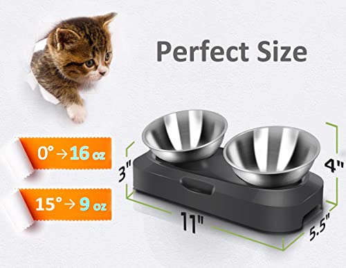  AYADA Raised Cat Food Bowl Set, Stainless Steel Cat Dish For Food Water Anti Vomiting Elevated With Stand Ergonomic Lifted Slanted Tilted 15 Angle Metal Double Kitty Kitten Wet Food Bowl 2 Pet Bowl