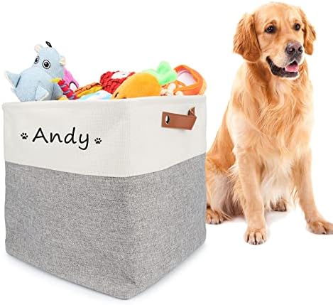  Personalized Dog Toy Box Square Basket With Leather Handles , Custom Name And Paw Pattern Puppy Toy Bin , Storage Baskets For Organizing Food Clothes And Pets Accessories(White Beige)
