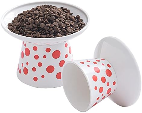  Extra Wide Ceramic Raised Cat Bowls, 6.25 Inch Elevated Food Dish, Shallow Cat Water Bowl Feeding, Prevent Whisker Fatigue Pet Bowl Of Cats, Elder Cats, Dogs, Set Of 2 - White With Red Dots