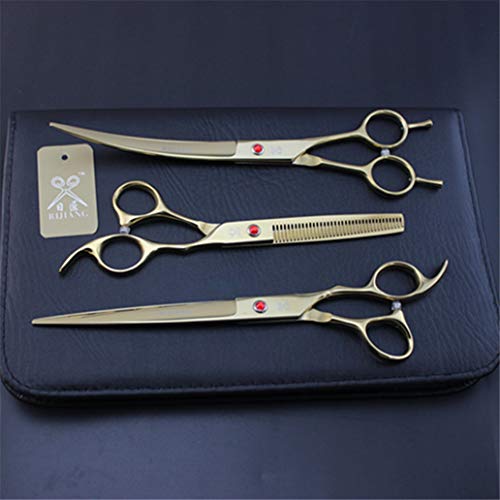  Professional 8.0 Inch Golden Hairdressing Scissors Set Pet Grooming Cutting Premium Steel Kit Straight & Thinning & Curved Shears 3 Pcs Set For Cat Dog Teddy And More Pets Clean Hair Tool