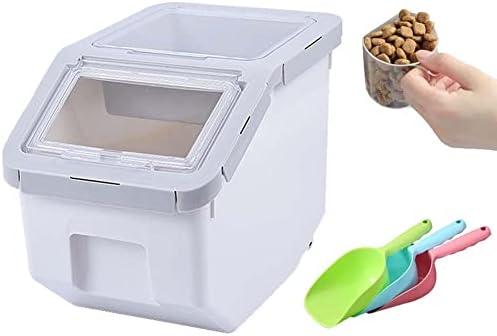  YXQ Dog Food Storage Container Airtight Box Grey,10kg Bulk Dry Food Grain Storage Barrels Sealed Bucket,Pets Food Bin With Seal Locking Lid, Wheels,Measuring Cup,1pcs Scoops(Random Color)…