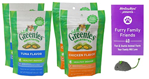  Greenies Smartbites Healthy Indoor Cat Treats 2 Flavor 4 Pouch Variety (2) Each: Tuna, Chicken (2.1 Ounces) Plus Catnip Toy And Animal Booklet Bundle