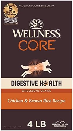  Wellness CORE Digestive Health Dry Dog Food With Wholesome Grains, Highly Digestible, For Dogs With Sensitive Stomachs, Made In USA With Real Chicken (Adult, 4-Pound Bag)