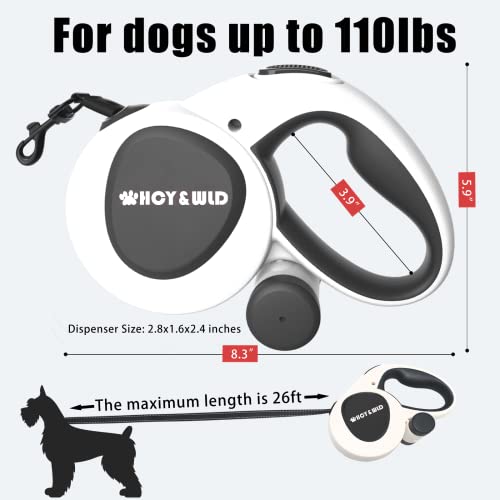  HCY&WLD Upgrade 3-in-1 Retractable Dog Leash With Integrated Dispenser & Poop Bags, 26 Ft Heavy Duty Dog Leash With Anti-Slip Handle For Dogs Up To 110 Lbs, 360° Tangle-Free, One Button Brake & Lock