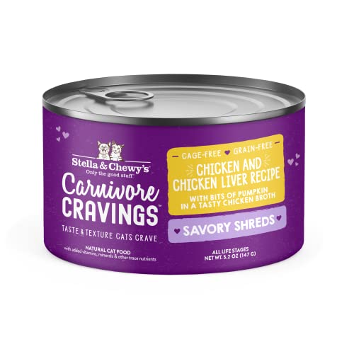  Stella & Chewy’s Carnivore Cravings Savory Shreds Cans – Grain Free, Protein Rich Wet Cat Food – Cage-Free Chicken & Chicken Liver Recipe – (5.2 Ounce Cans, Case Of 24)