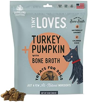  Farmland Traditions Tiny Loves Jerky Trainer Treats For Dogs W/Bone Broth (Turkey & Pumpkin, 16 Oz.)