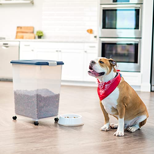  IRIS USA 50Lbs./69Qt. WeatherPro Airtight Pet Food Storage Container With Attachable Casters, For Dog Cat Bird And Other Pet Food Storage Bin, Keep Fresh, Translucent Body, Easy Mobility, Navy