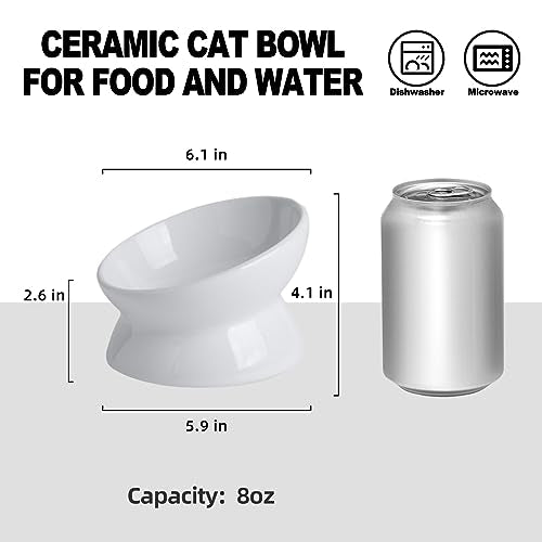  KITCHENLESTAR Cat Food Bowl 6", Elevated Tilted Cat Bowl, Raised Cat Bowls For Adult Cats Or Dogs, Ceramic Pet Food Water Dish 8 Oz, (White)