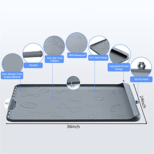  Dog Food Mat - Dog Feeding Mats For Food And Water - 36" X 24" Extra Large Cat Dog Bowl Mat With Pocket For Catches Spill And Residue - Silicone Non Slip Pet Mat With 0.75" High Edges Anti-bite