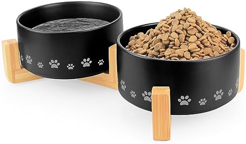 Ptlom Ceramic Pet Bowl For Dogs And Cats, Raised Dog Food And Water Bowl Set With Anti-Slip Wooden Stand, Weighted Pets Dish Feeding Bowls Suitable For Small, Medium, And Large Cat Dog, Beige, 28 Oz