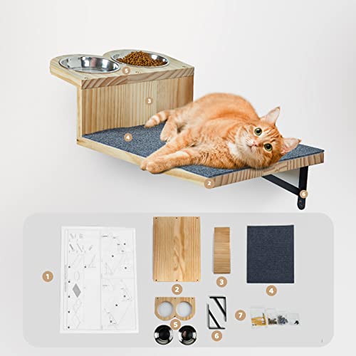 A.FATI Cat Wall Shelf, Wooden Cat Feeding Shelf With 2 Raised Bowls, 15° Tilted Feeding Position, Cat Shelves And Perches For Eating, Playing, Sleeping & Lounging