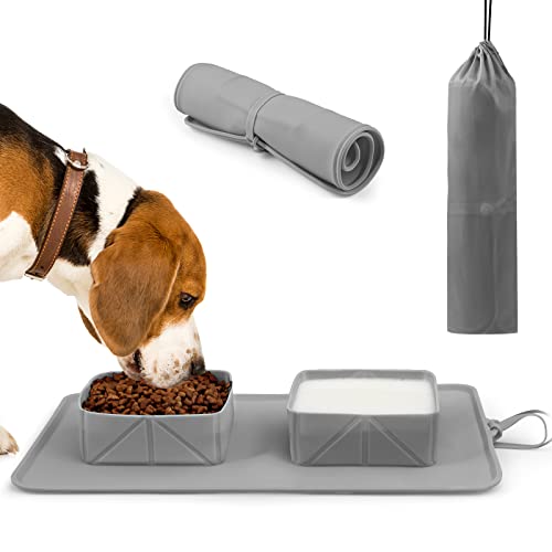  ODRIW Dog Food Mat, Outdoor Portable Dog Bowl Mat, Silicone Double Bowl Dog Mat For Food And Water For Small, Medium And Large Dogs And Cats, Pet Food Mat With Storage Bag. (Grey)