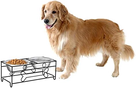  PETMAKER Stainless Steel Raised Food & Water Bowls With Decorative 6.5” Tall Stand For Dogs & Cats-2 Bowls, 40oz Each-Elevated Feeding Station,Silver