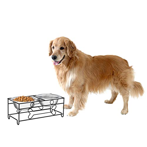  PETMAKER Stainless Steel Raised Food & Water Bowls With Decorative 6.5” Tall Stand For Dogs & Cats-2 Bowls, 40oz Each-Elevated Feeding Station,Silver