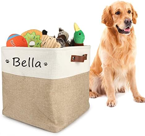  Personalized Dog Toy Box Square Basket With Leather Handles , Custom Name And Paw Pattern Puppy Toy Bin , Storage Baskets For Organizing Food Clothes And Pets Accessories(White Beige)