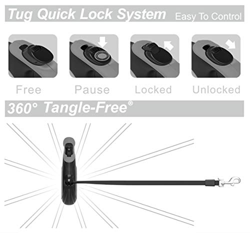  TUG 360° Tangle-Free Retractable Dog Leash With Anti-Slip Handle | 16 Ft Strong Nylon Tape| One-Handed Brake, Pause, Lock (Medium, Grey)
