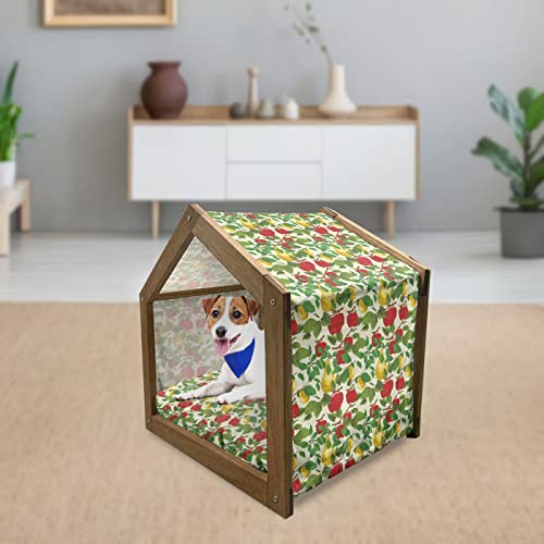  Lunarable Fruit Wooden Pet House, Repetitive Pattern Of Pear And Apple Branches With Leaves Blooming Organic Foods, Outdoor & Indoor Portable Dog Kennel With Pillow And Cover, Medium, Multicolor