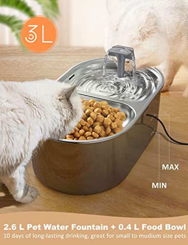  Cat Water Fountain, 88oz/2.6L 304 Stainless Steel Pet Water Fountain For Cats Inside,2-in-1 Cat Bowls For Food And Water, Ultra-Silent Automatic Dog Water Dispenser With Smart Pump And 5 Filters