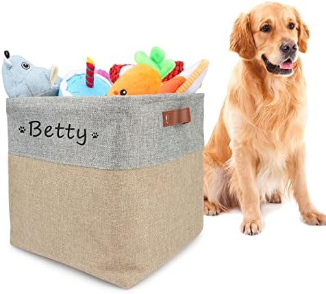  Personalized Dog Toy Box Square Basket With Leather Handles , Custom Name And Paw Pattern Puppy Toy Bin , Storage Baskets For Organizing Food Clothes And Pets Accessories(White Beige)