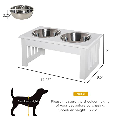  PawHut 17" Small Puppy Dog Feeding Station For Messy Pets, Stainless Steel Elevated Dog Bowls With Modern Wooden Frame, Dog Food Stand Pet Feeding Station, White